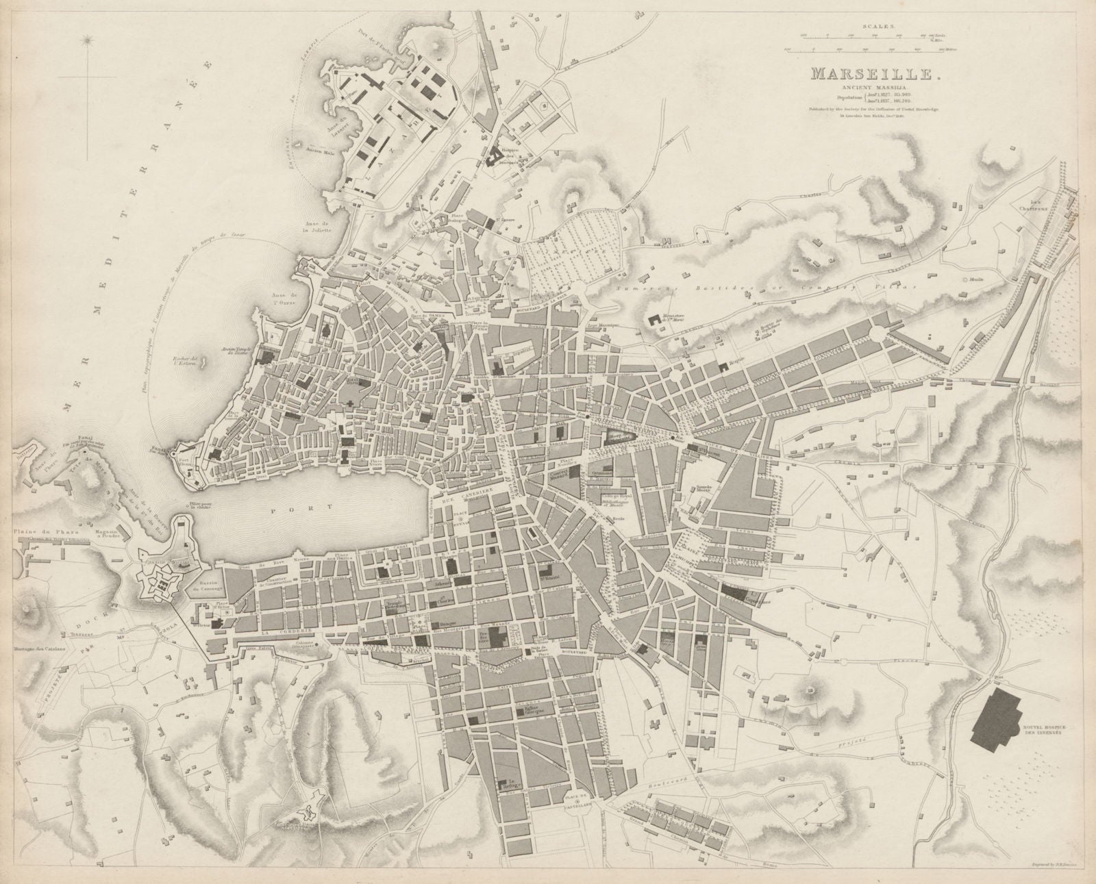 MARSEILLE antique town city map. Ancient Massilia. Marseilles. SDUK 1844